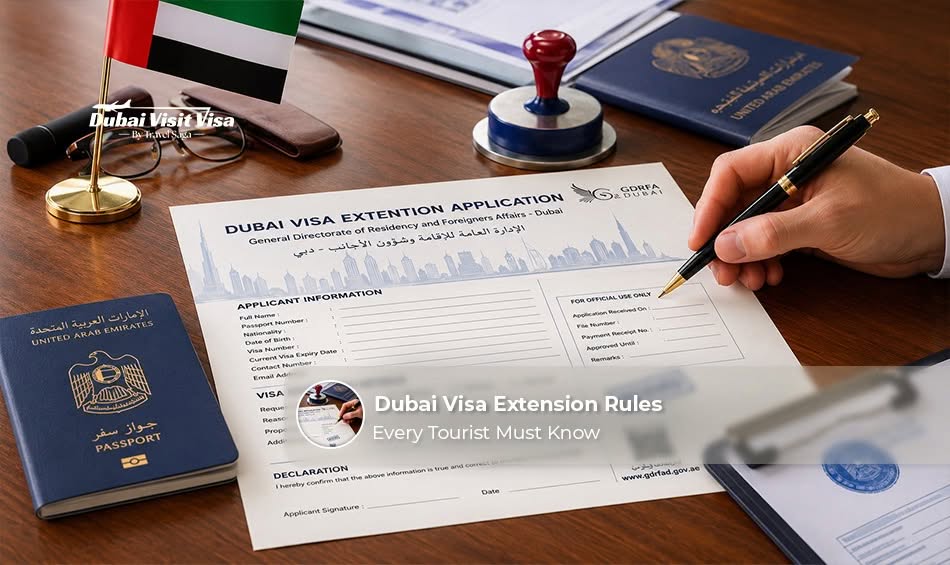Traveller reviewing Dubai visa extension rules with passport and documents